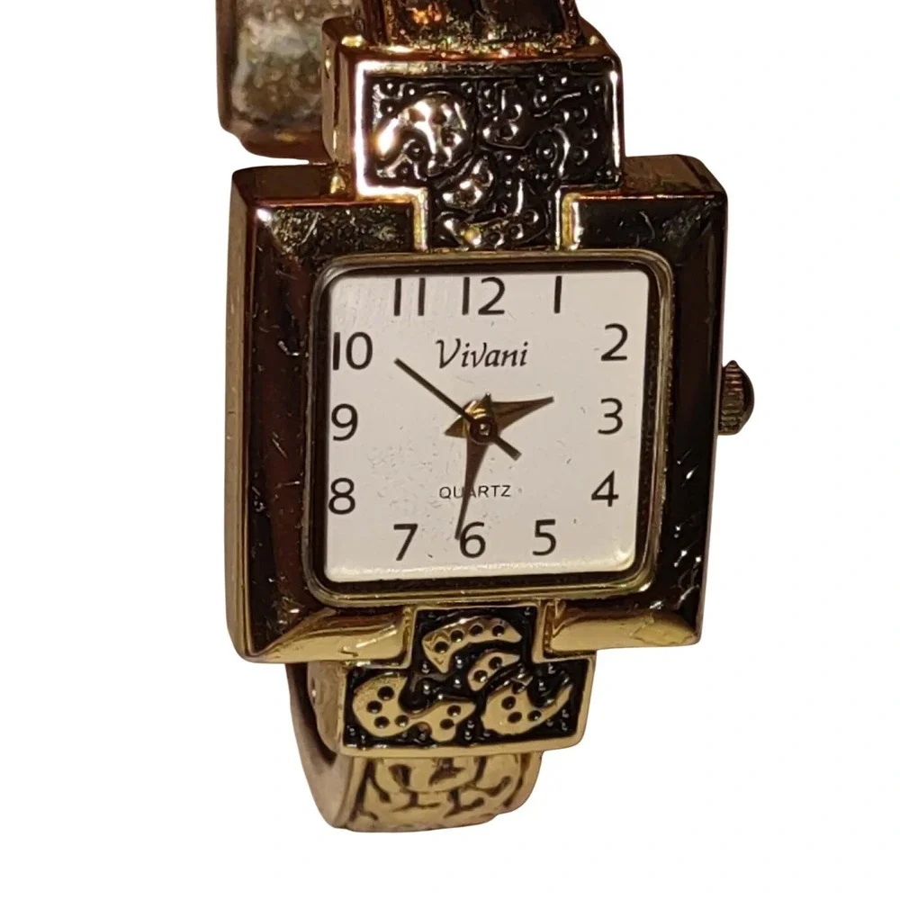 Vivani Quartz Watch Womens Gold Silver Two Tone Scrollwork Cuff Bangle K4110